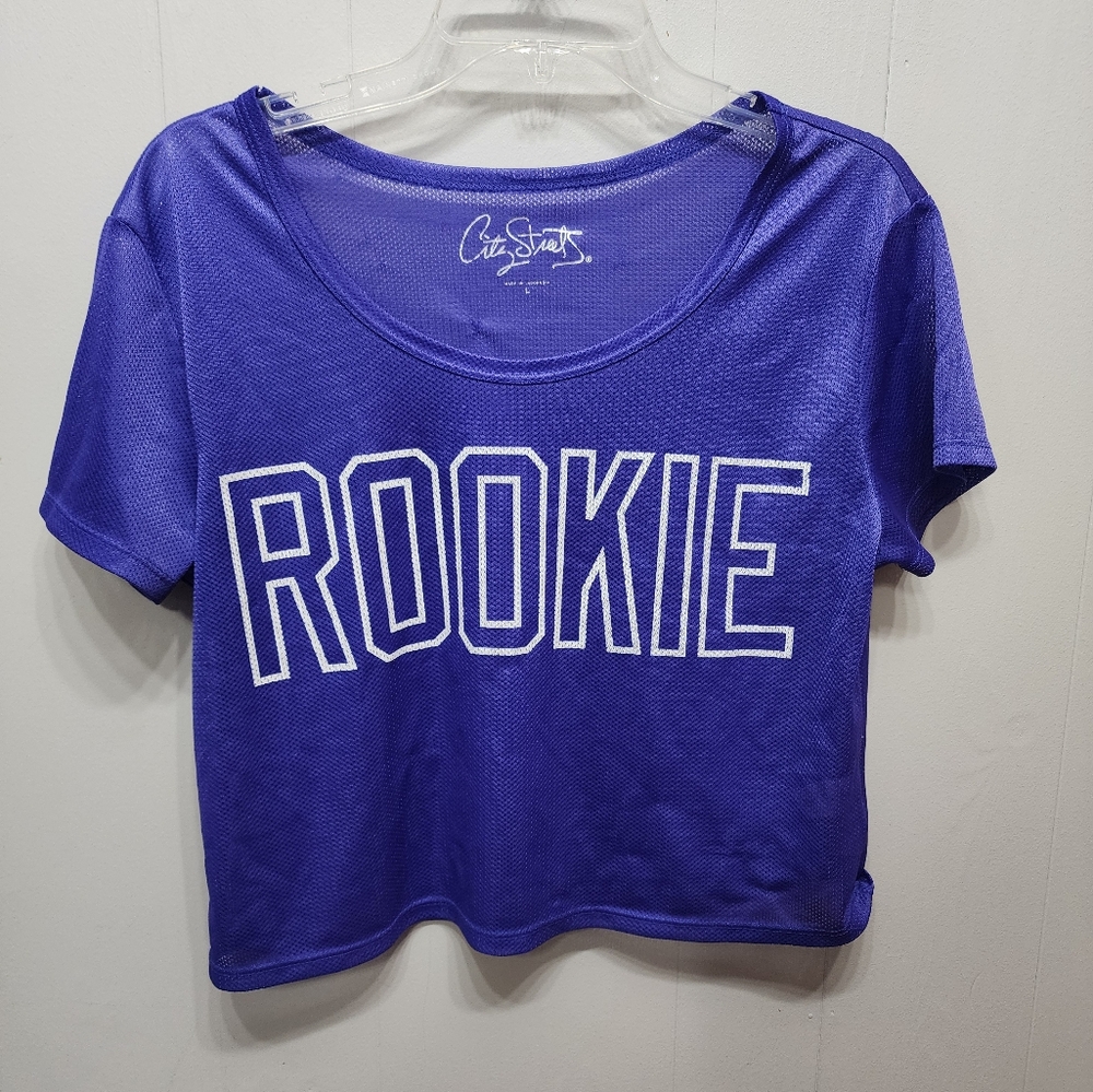 City Streets Rookie Jersey Shirt Large Purple White Casual Semi‎ Sheer B759